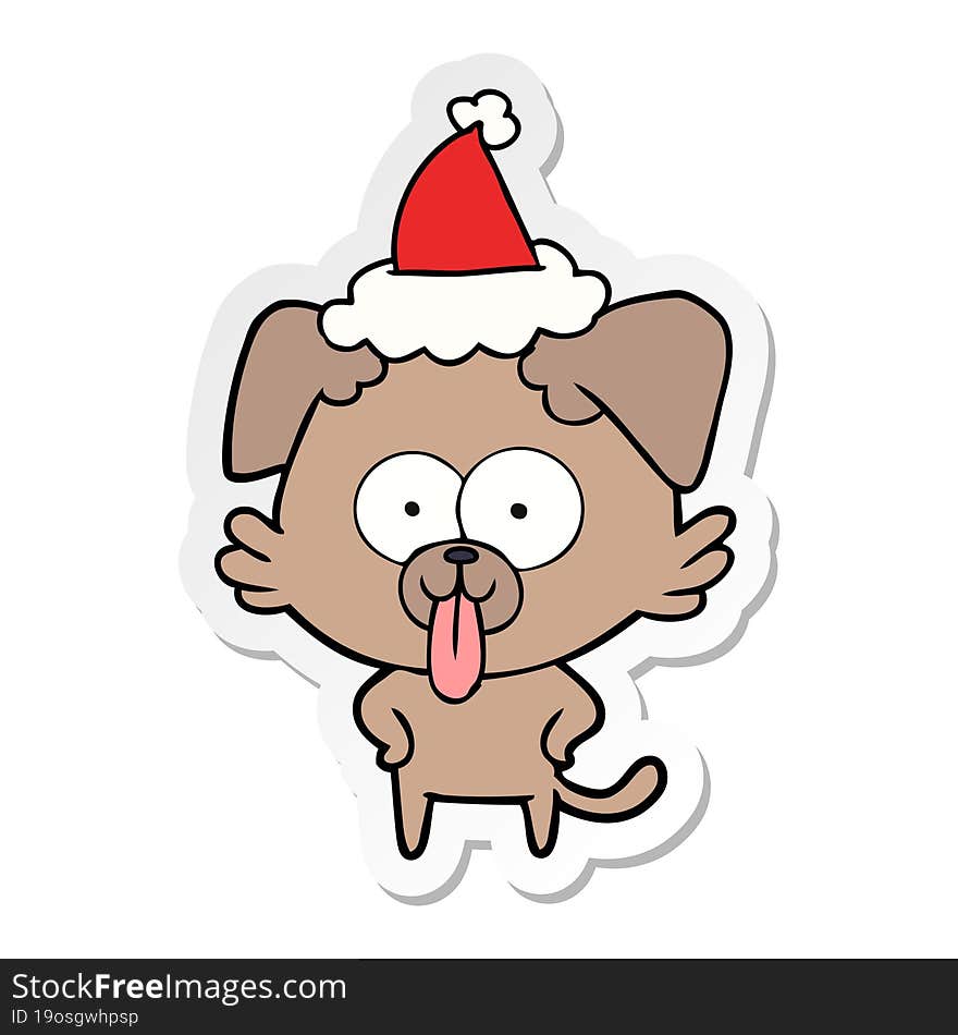 hand drawn sticker cartoon of a dog with tongue sticking out wearing santa hat