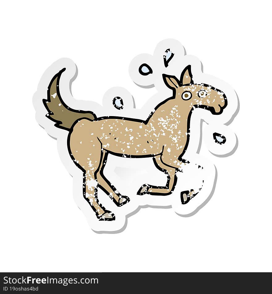 retro distressed sticker of a cartoon horse sweating