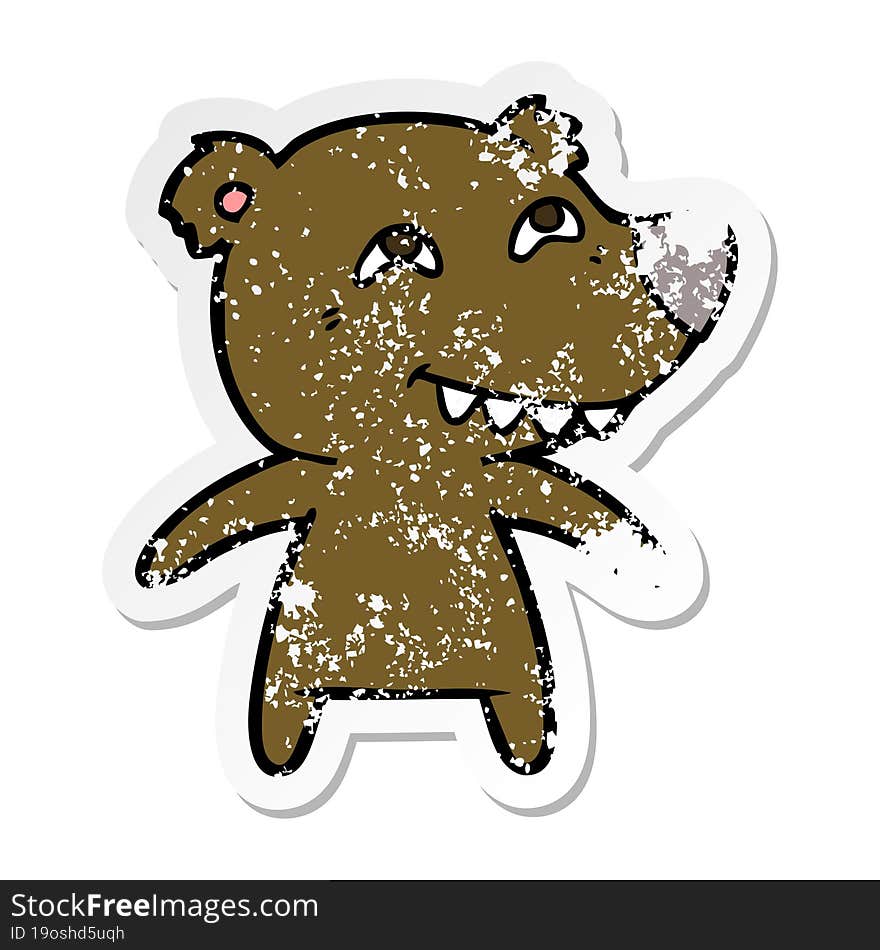 distressed sticker of a cartoon bear showing teeth