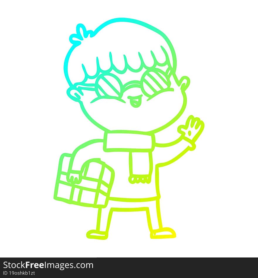 cold gradient line drawing cartoon boy wearing spectacles carrying gift