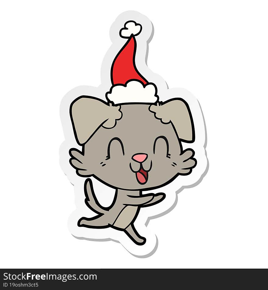 Laughing Sticker Cartoon Of A Dog Wearing Santa Hat