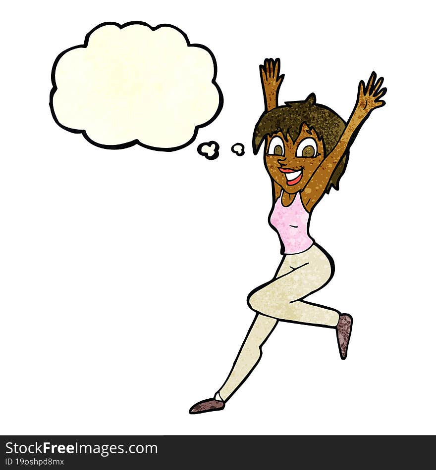 cartoon excited woman with thought bubble