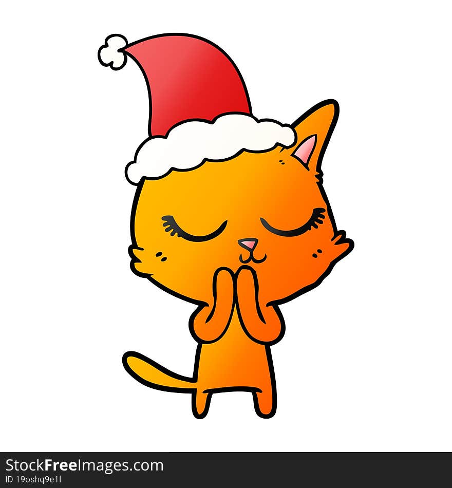 calm hand drawn gradient cartoon of a cat wearing santa hat. calm hand drawn gradient cartoon of a cat wearing santa hat