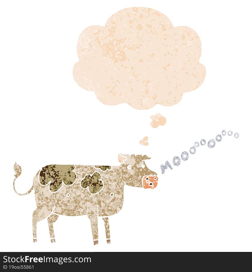 cartoon cow and thought bubble in retro textured style