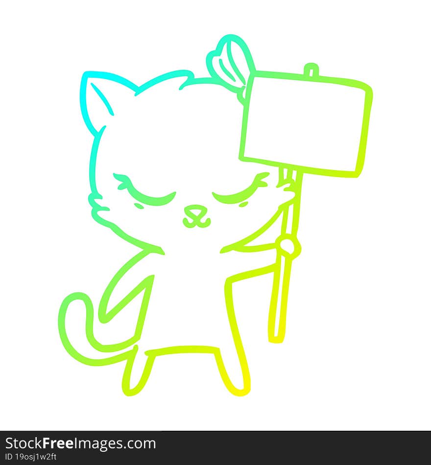 cold gradient line drawing cute cartoon cat with sign