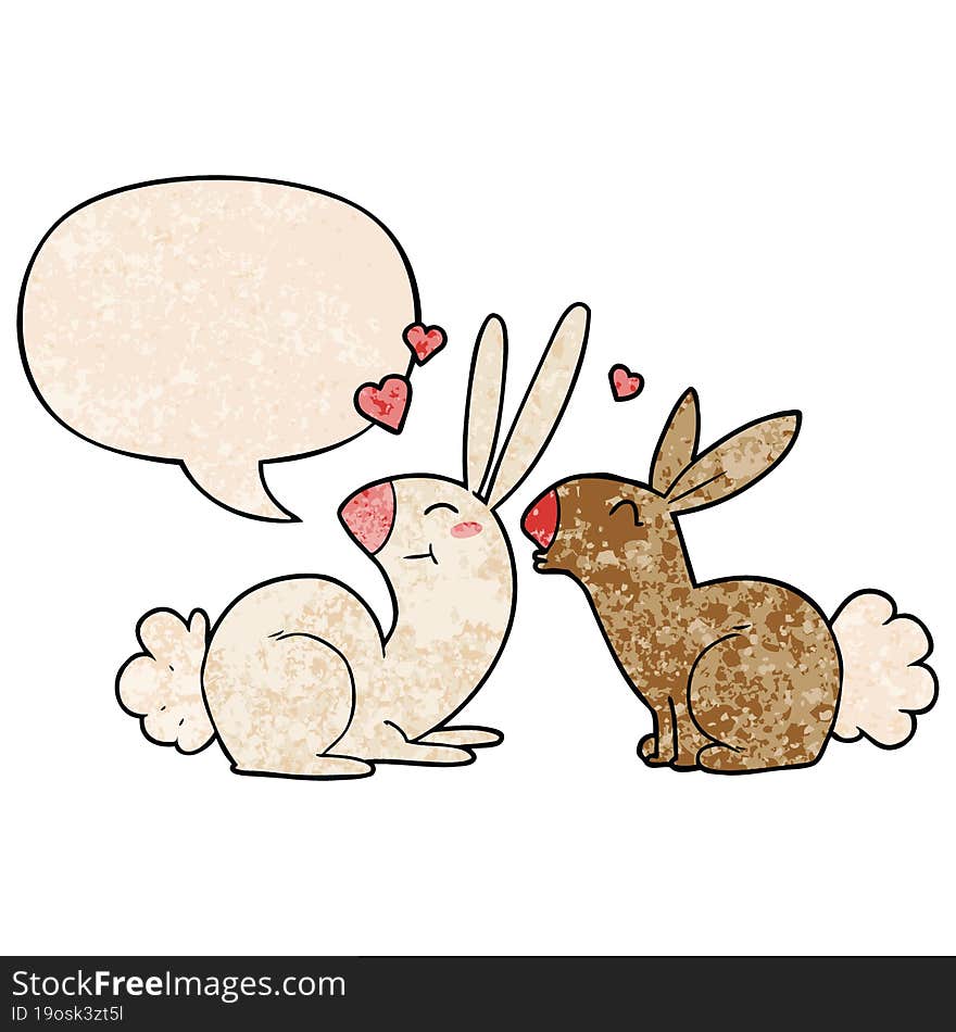 cartoon rabbits in love and speech bubble in retro texture style