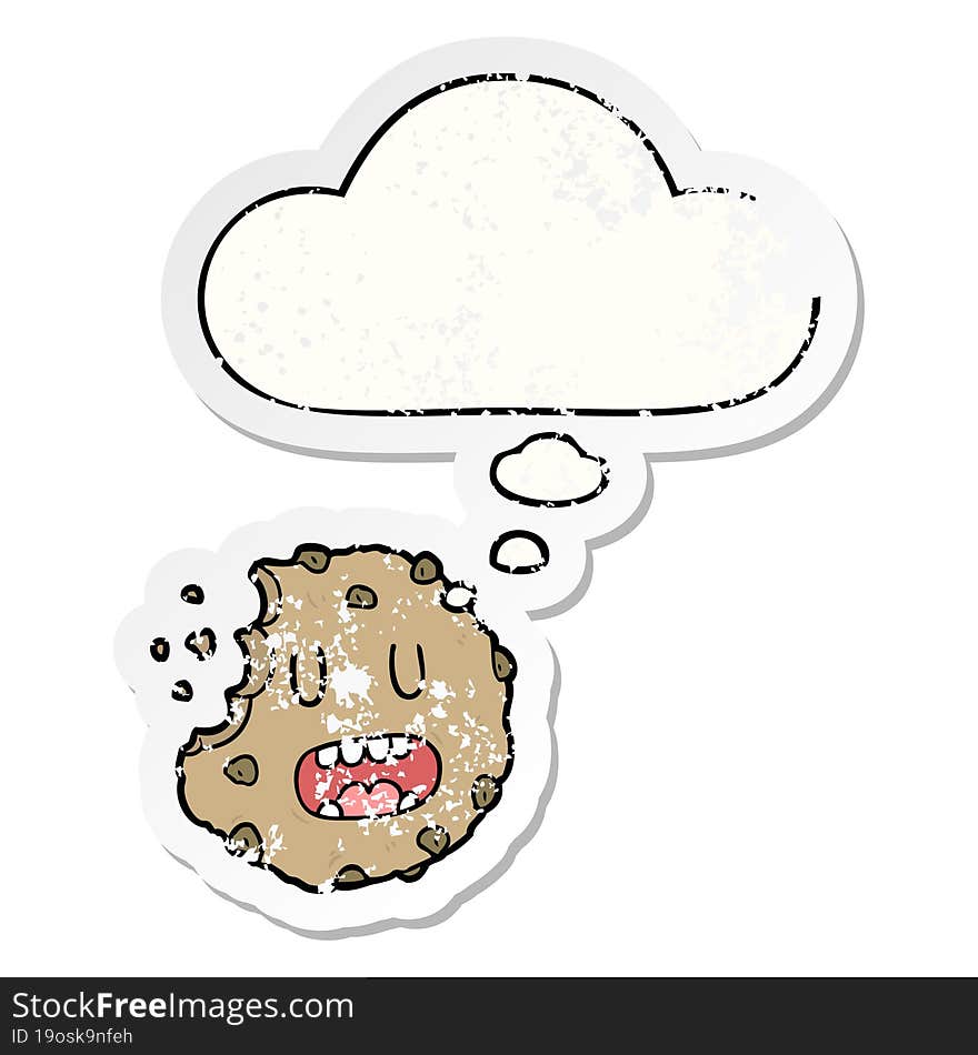 cartoon cookie and thought bubble as a distressed worn sticker