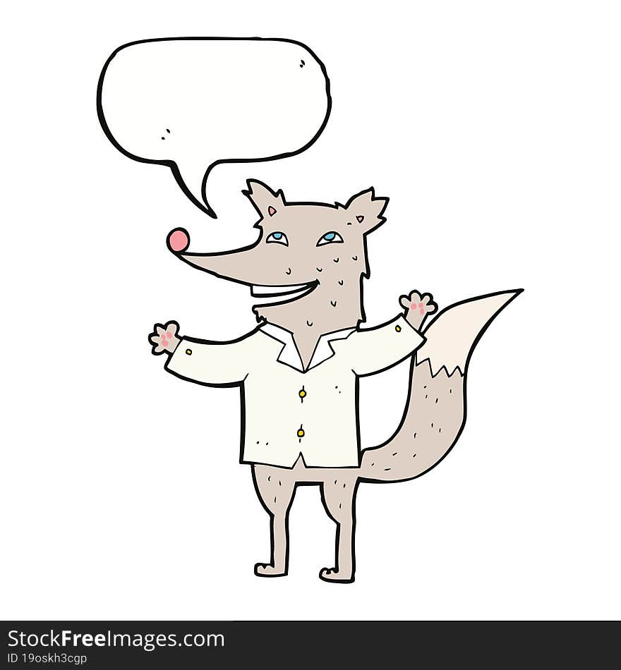 cartoon happy wolf wearing shirt with speech bubble