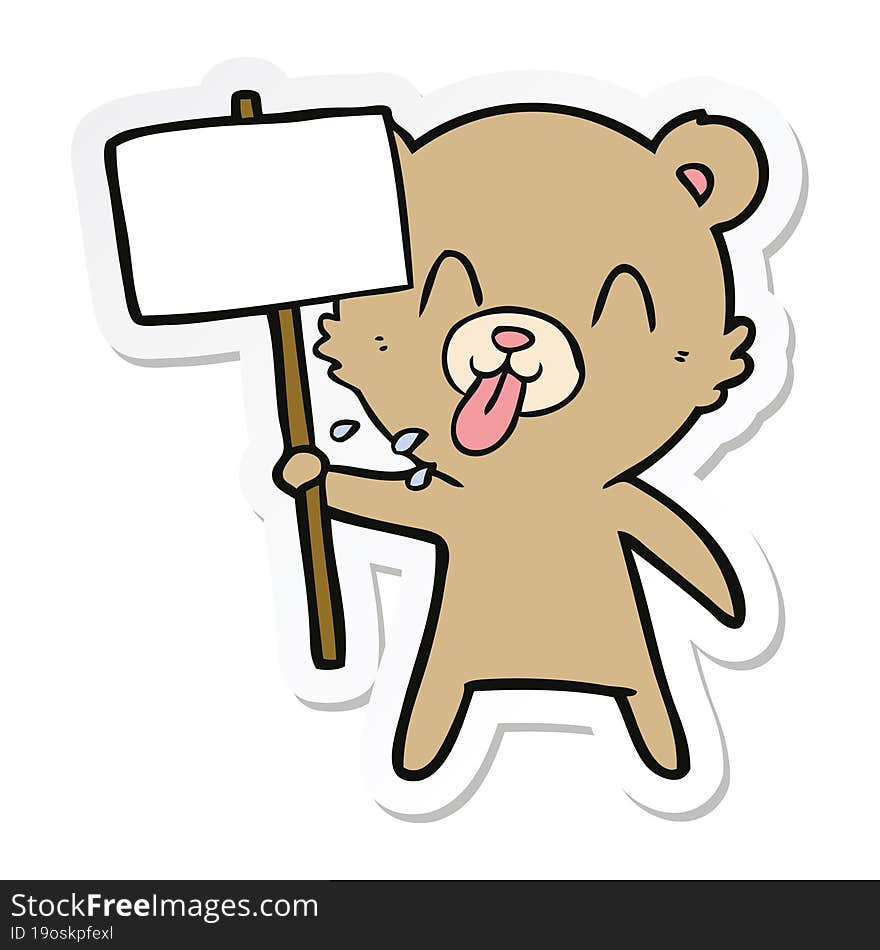 sticker of a rude cartoon bear with protest sign