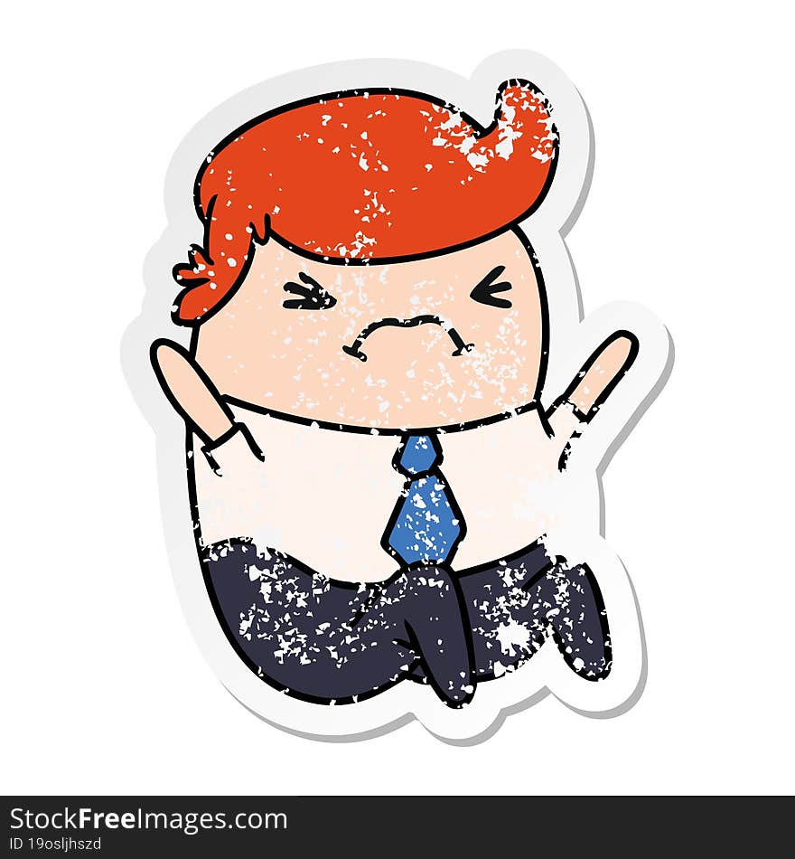 distressed sticker cartoon of an angry kawaii business man