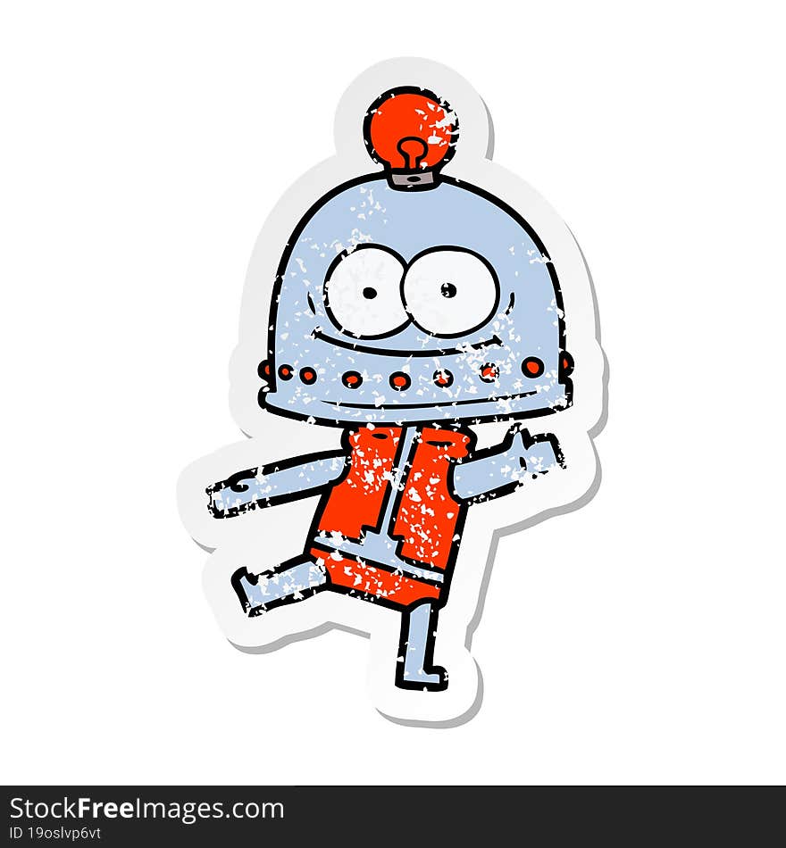 distressed sticker of a happy carton robot with light bulb