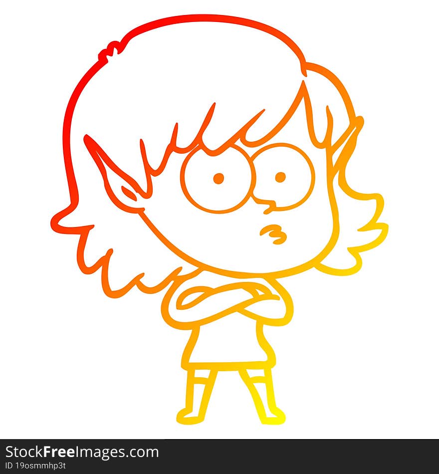 Warm Gradient Line Drawing Cartoon Elf Girl Staring