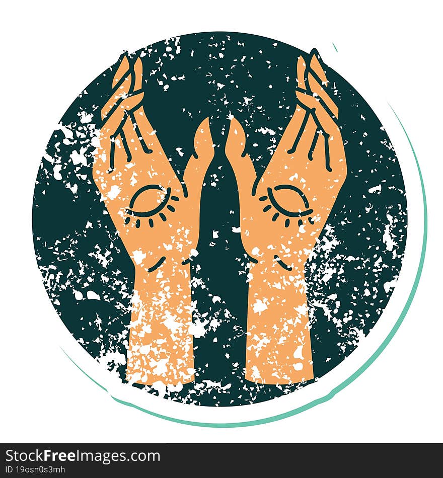 distressed sticker tattoo style icon of mystic hands