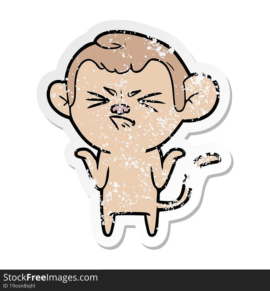 distressed sticker of a cartoon annoyed monkey