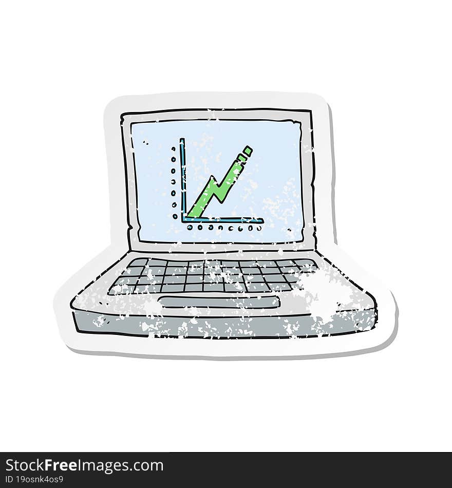 retro distressed sticker of a cartoon laptop computer with business graph