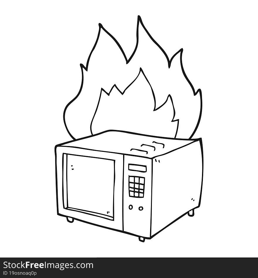 black and white cartoon microwave on fire