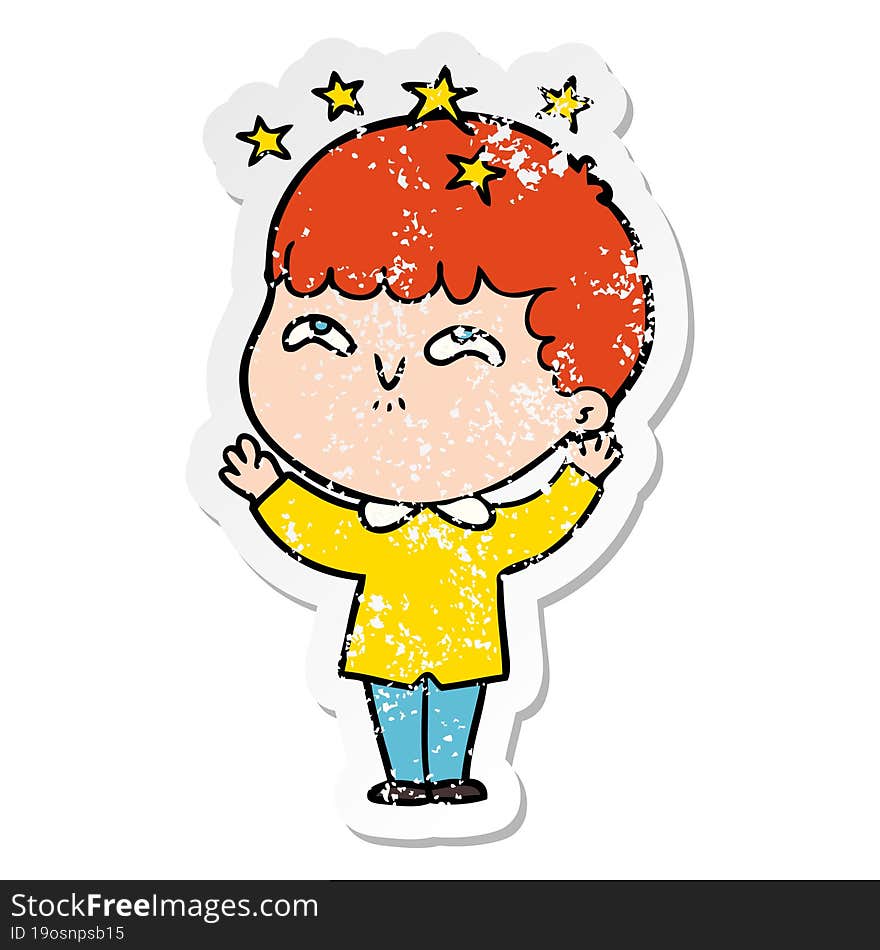 distressed sticker of a cartoon amazed boy