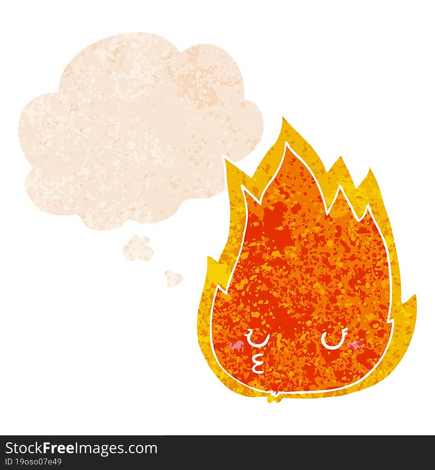 cute cartoon fire and thought bubble in retro textured style