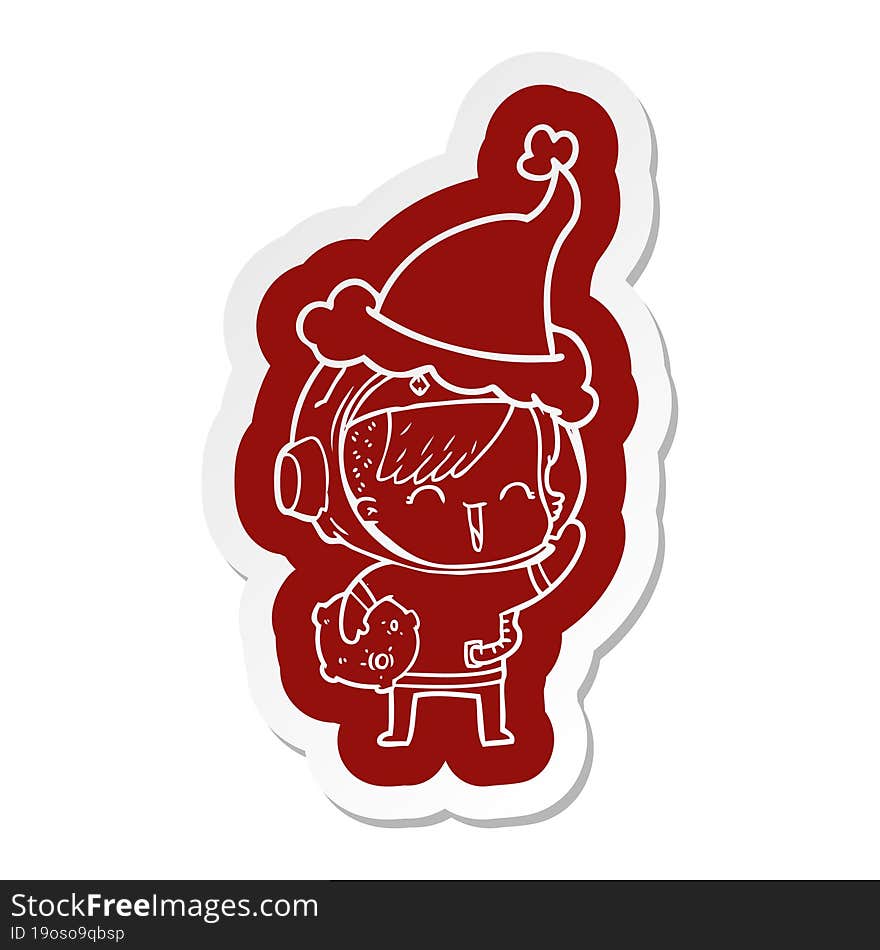 cartoon  sticker of a happy spacegirl holding moon rock wearing santa hat