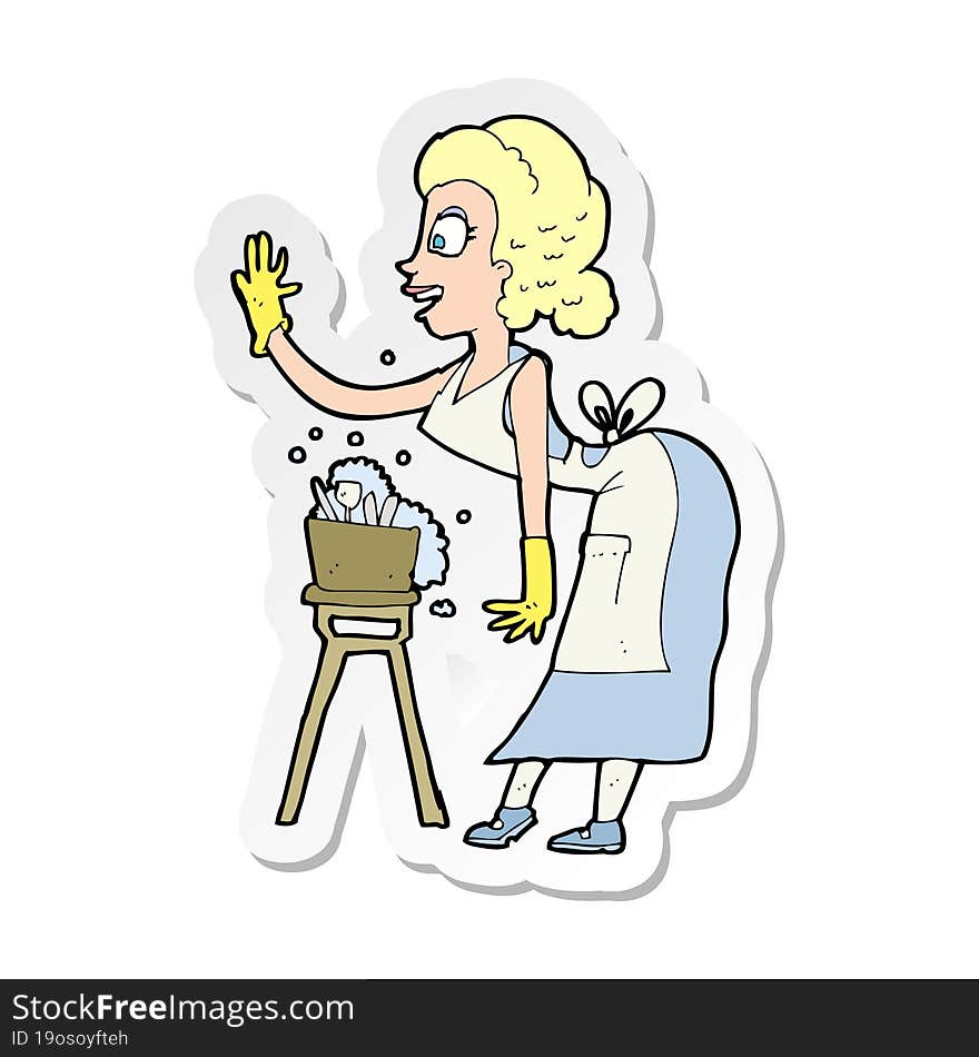 sticker of a cartoon housewife washing up