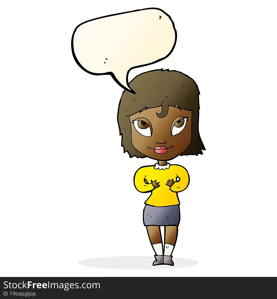 cartoon woman gesturing at self with speech bubble