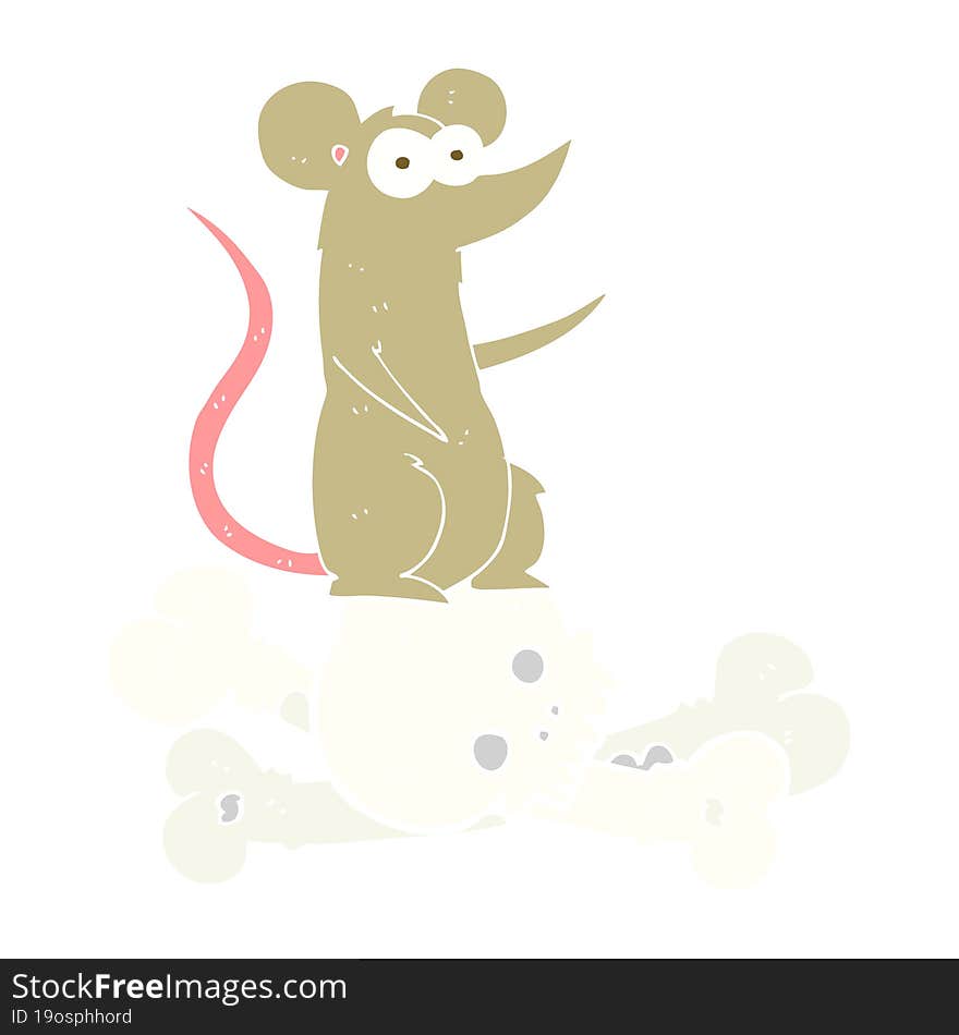 flat color illustration of a cartoon rat on bones