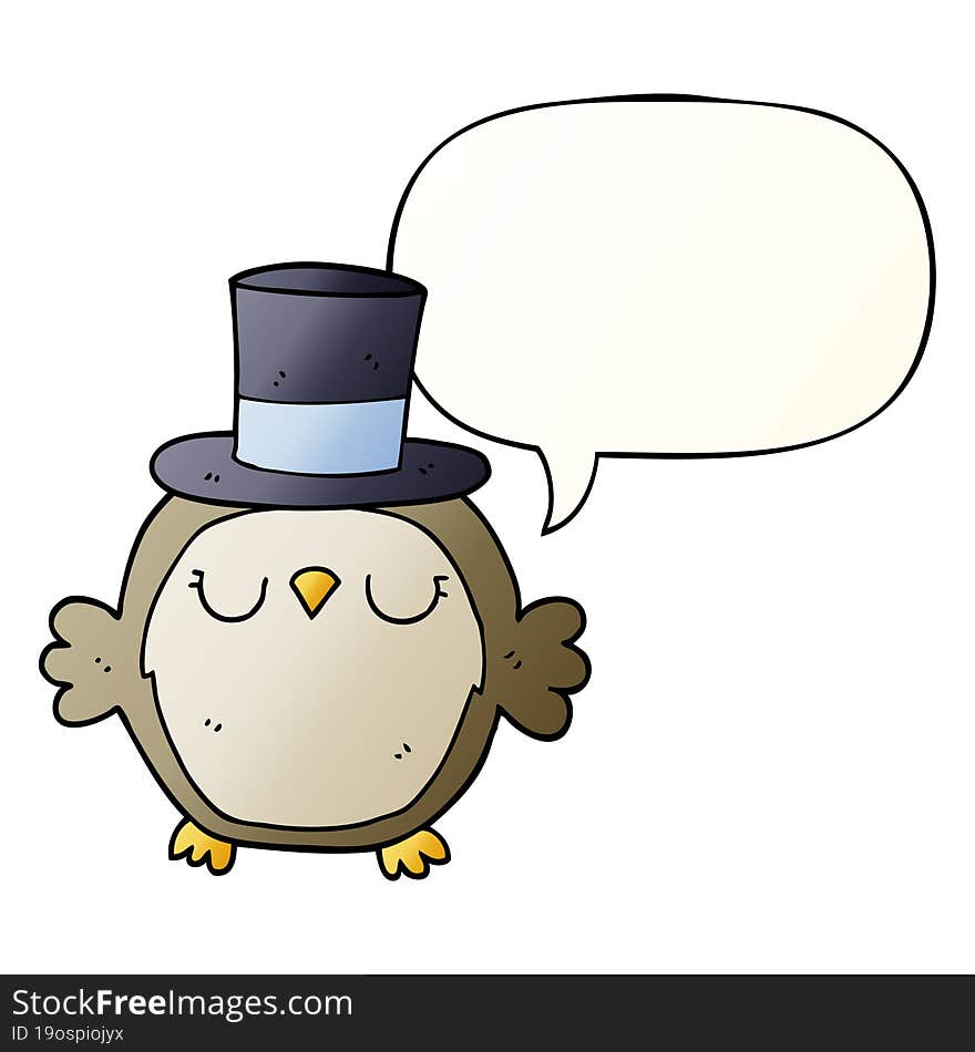 Cartoon Owl Wearing Top Hat And Speech Bubble In Smooth Gradient Style