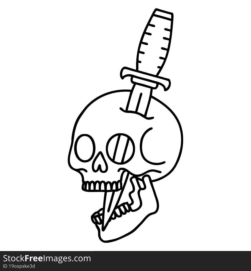 black line tattoo of a skull and dagger