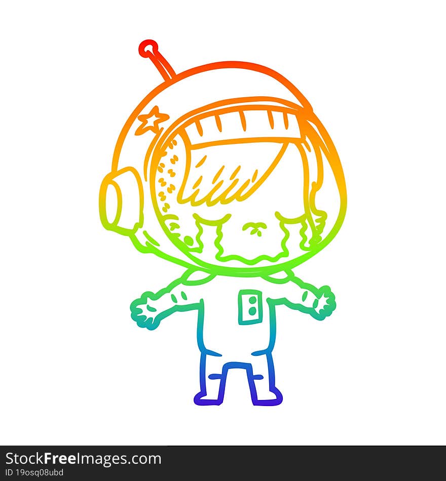 rainbow gradient line drawing cartoon crying astronaut girl