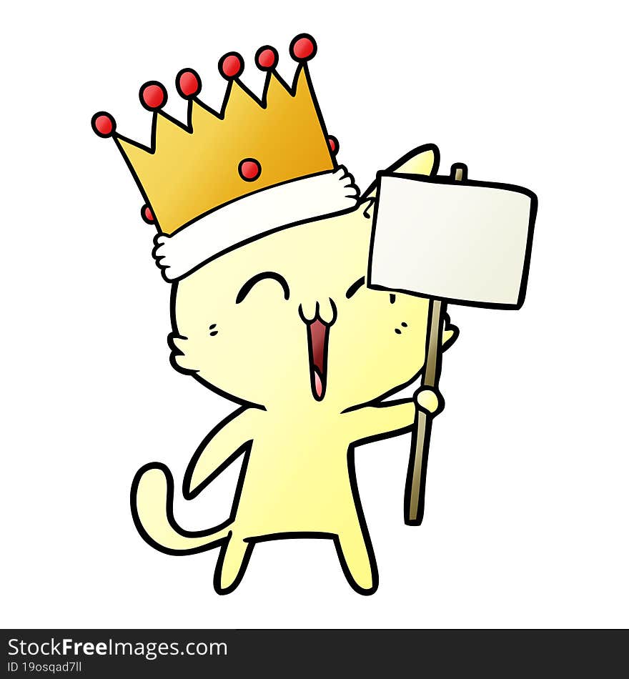 happy cartoon king cat with sign. happy cartoon king cat with sign