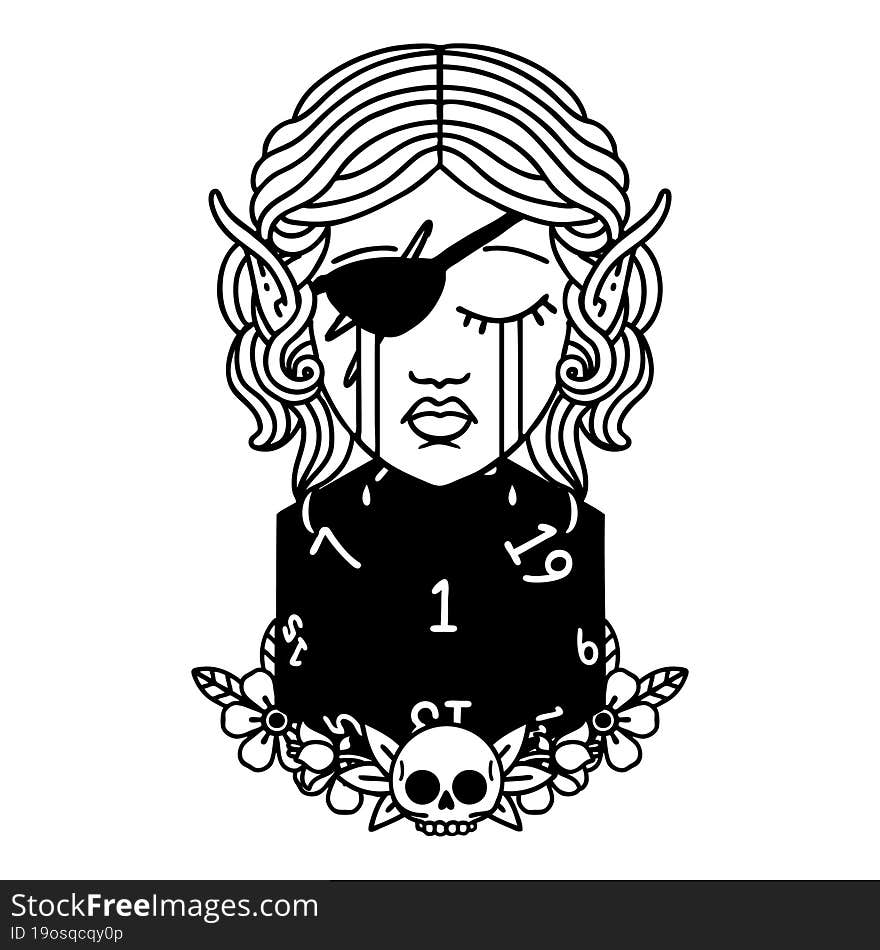 Black and White Tattoo linework Style crying elf rogue character face with natural one D20 roll. Black and White Tattoo linework Style crying elf rogue character face with natural one D20 roll