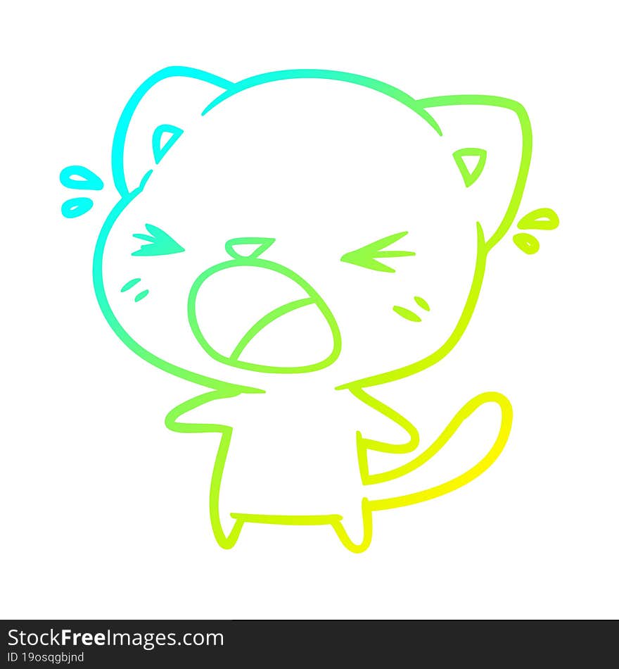 cold gradient line drawing of a cute cartoon cat crying