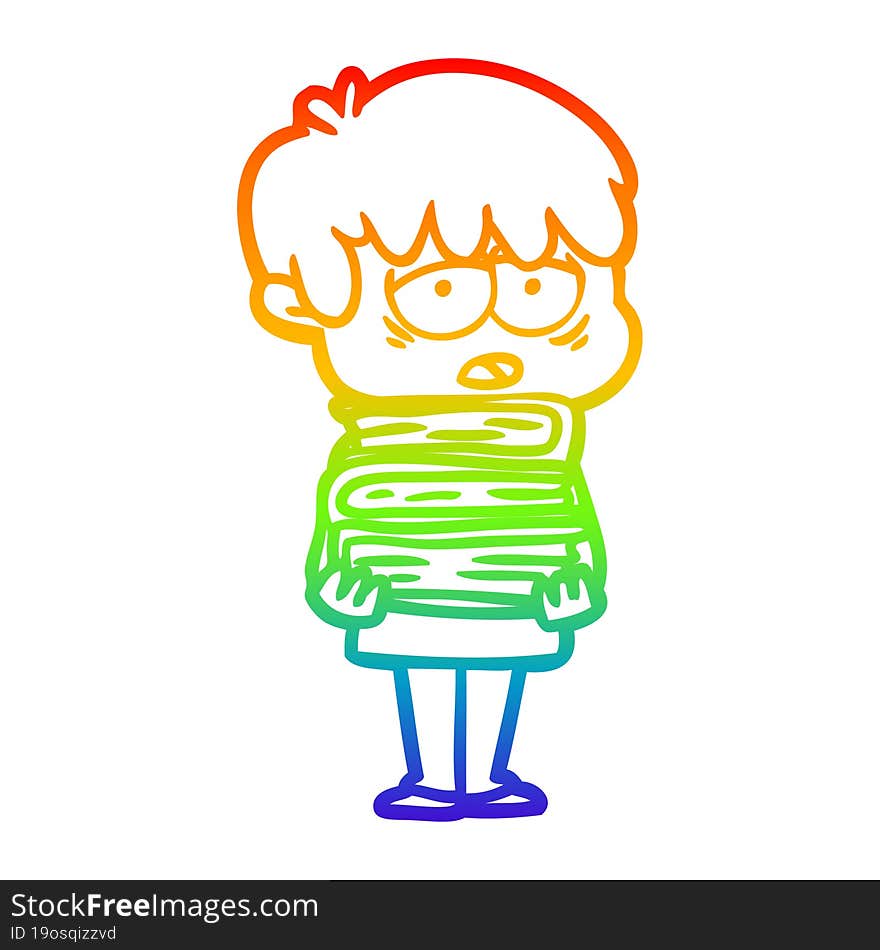 Rainbow Gradient Line Drawing Cartoon Exhausted Boy Holding Book