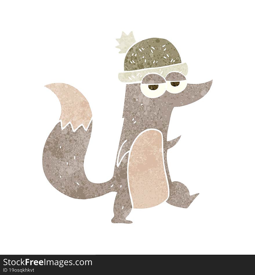 retro cartoon little wolf wearing hat