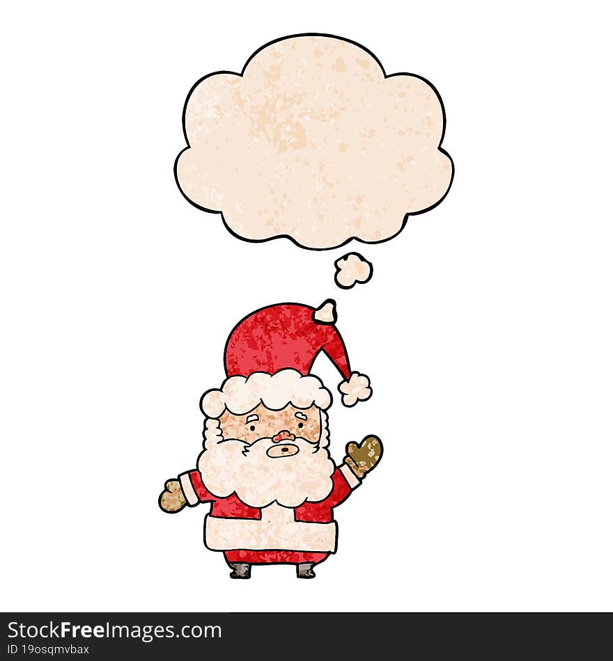 cartoon santa claus and thought bubble in grunge texture pattern style