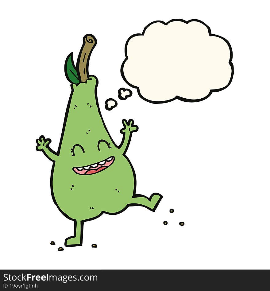 cartoon happy dancing pear with thought bubble