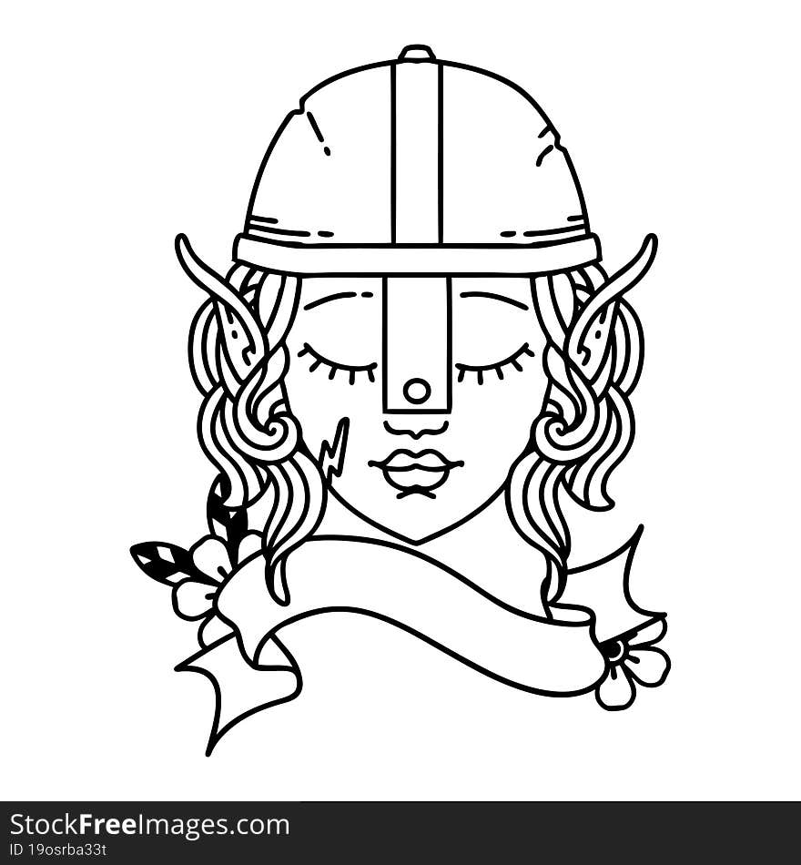 Black and White Tattoo linework Style elf fighter character face. Black and White Tattoo linework Style elf fighter character face