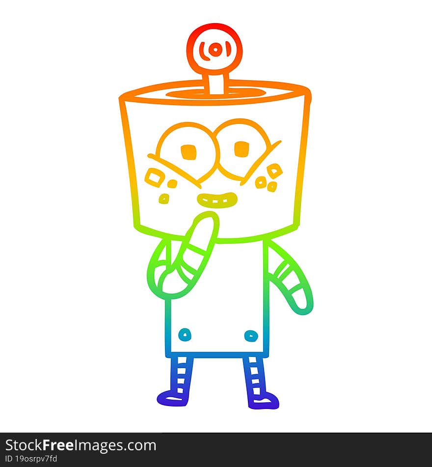 rainbow gradient line drawing of a happy cartoon robot giggling