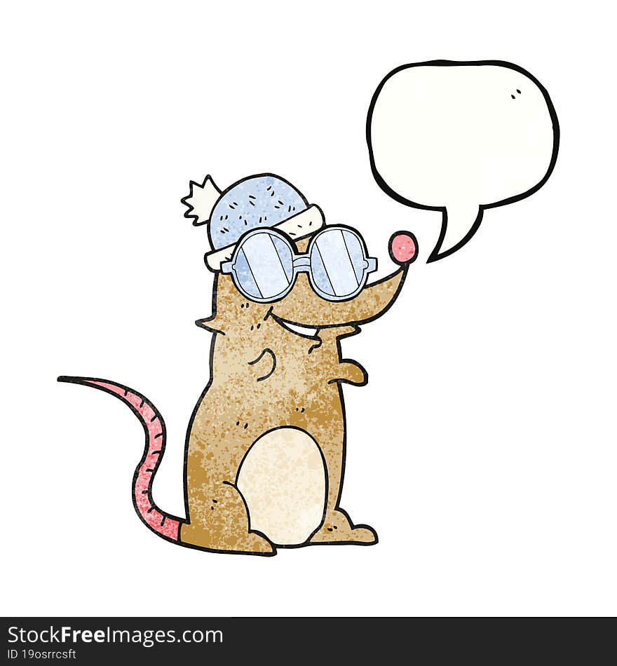 Speech Bubble Textured Cartoon Mouse Wearing Glasses And Hat