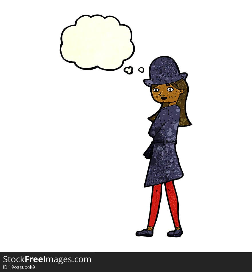 cartoon female spy with thought bubble