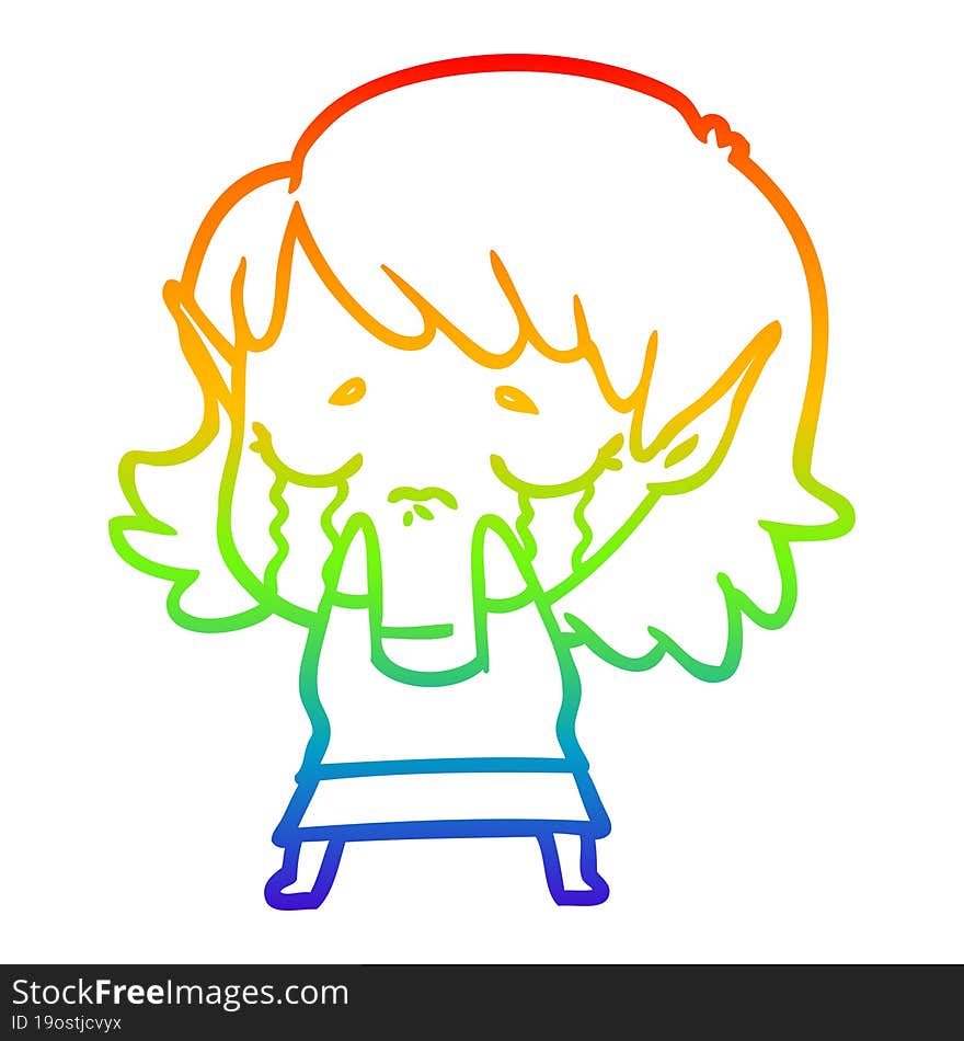 rainbow gradient line drawing cartoon crying elf girl