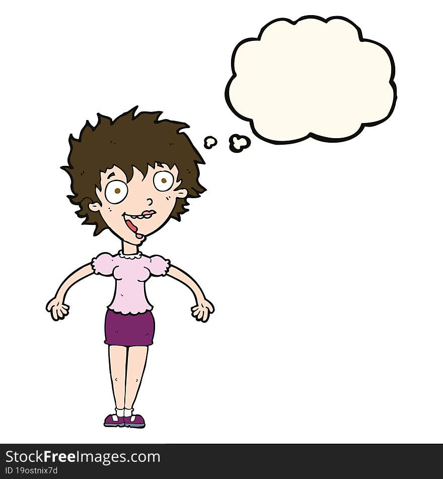 cartoon excited woman with thought bubble