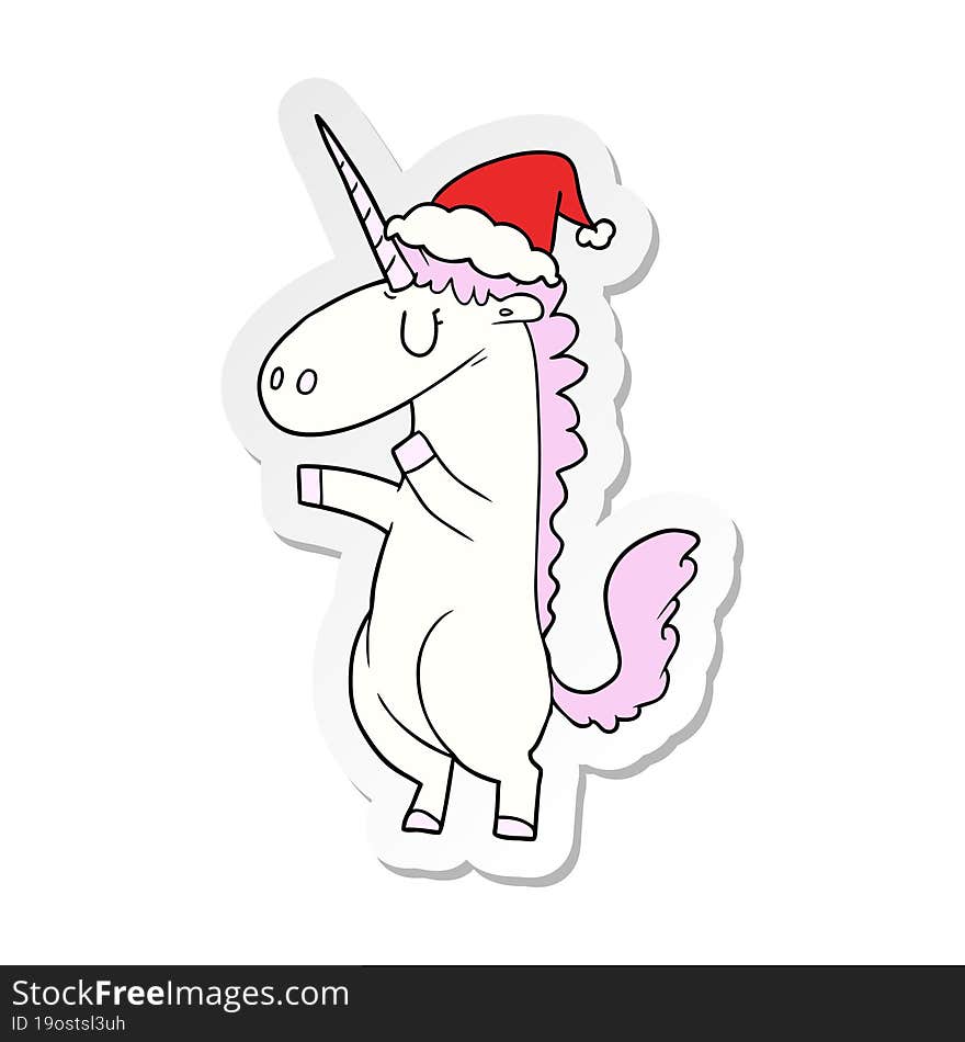 Sticker Cartoon Of A Unicorn Wearing Santa Hat