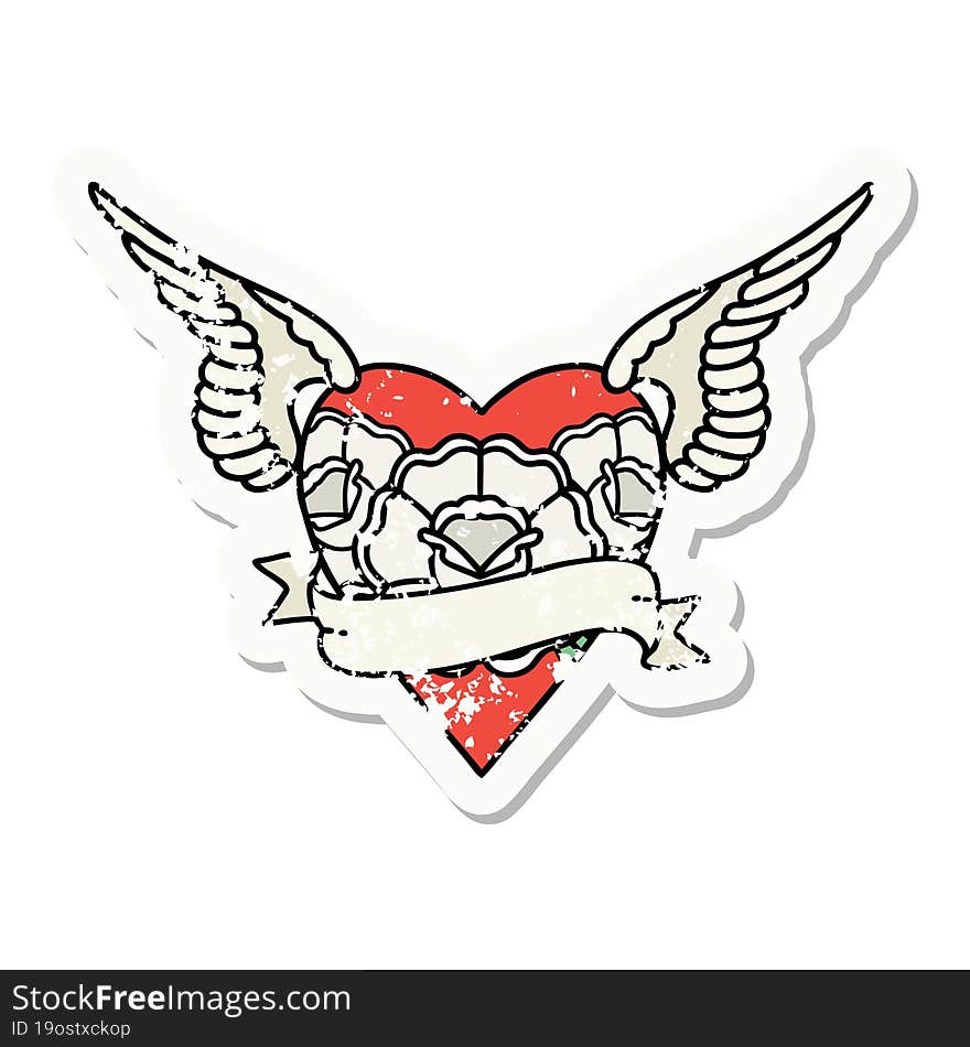 distressed sticker tattoo in traditional style of heart with wings flowers and banner. distressed sticker tattoo in traditional style of heart with wings flowers and banner