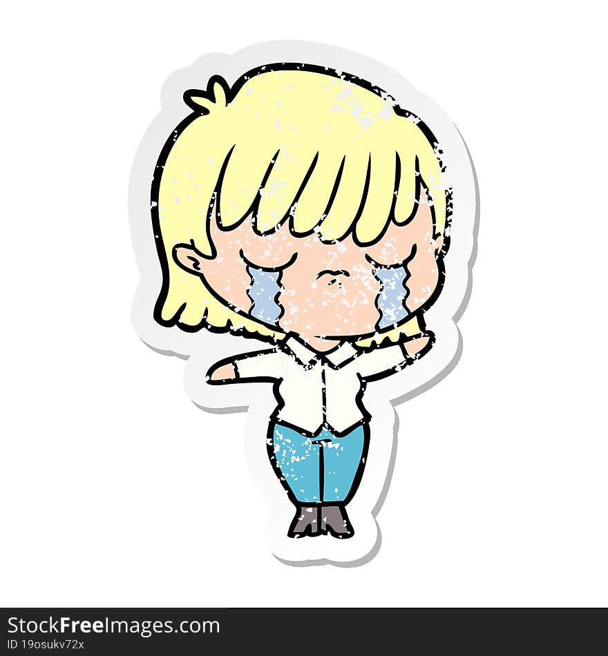 Distressed Sticker Of A Cartoon Woman Crying