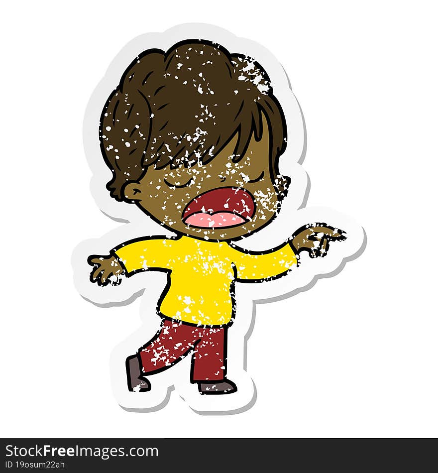 distressed sticker of a cartoon woman talking