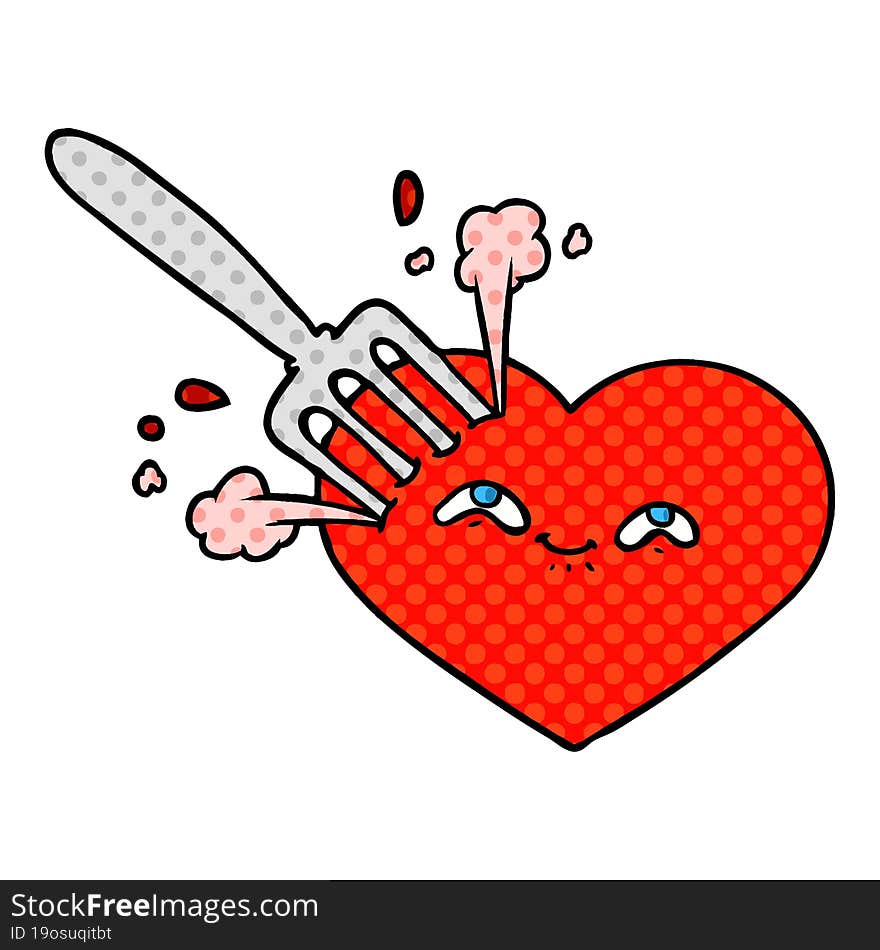 cartoon love heart stuck with fork. cartoon love heart stuck with fork