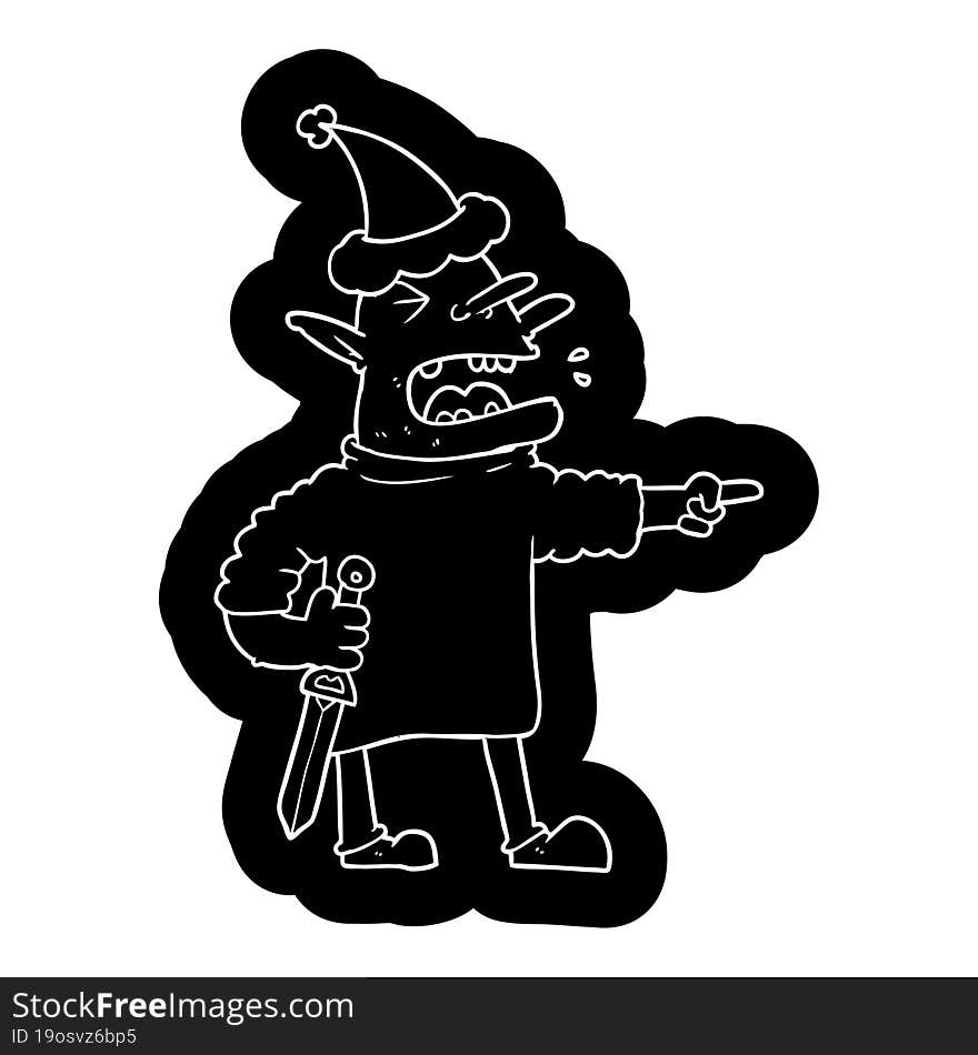 quirky cartoon icon of a goblin with knife wearing santa hat