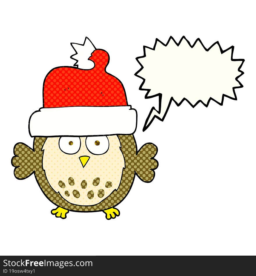 freehand drawn comic book speech bubble cartoon owl wearing christmas hat