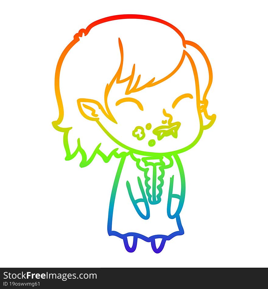 rainbow gradient line drawing cartoon vampire girl with blood on cheek